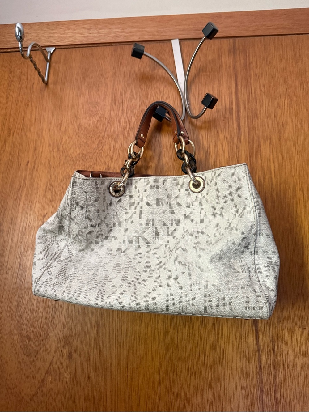 Michael Kors Monogram Shoulder Tote in Cream with Brown Handles
